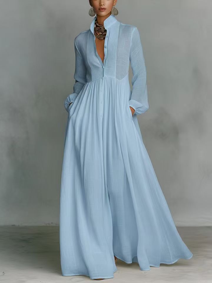 French-style Long-sleeve Pleated Dress For Women