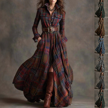 Ins Plaid Print Long-Sleeved Dress Fashion Pockets Collared Buttons Shirt Long Dresses Retro Women's Clothing