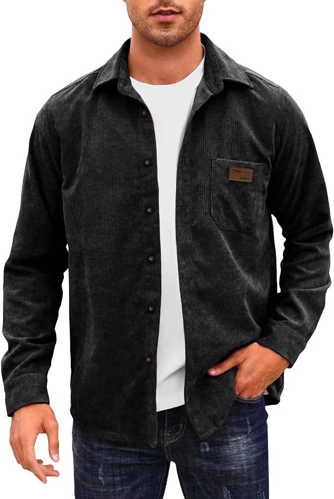Solid-Color Casual Lapel Corduroy Long-Sleeve Cardigan