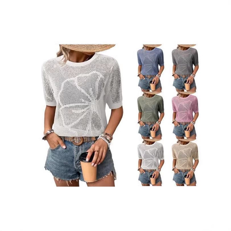 Women's Summer Crew Neck Short Sleeve Knitted Top
