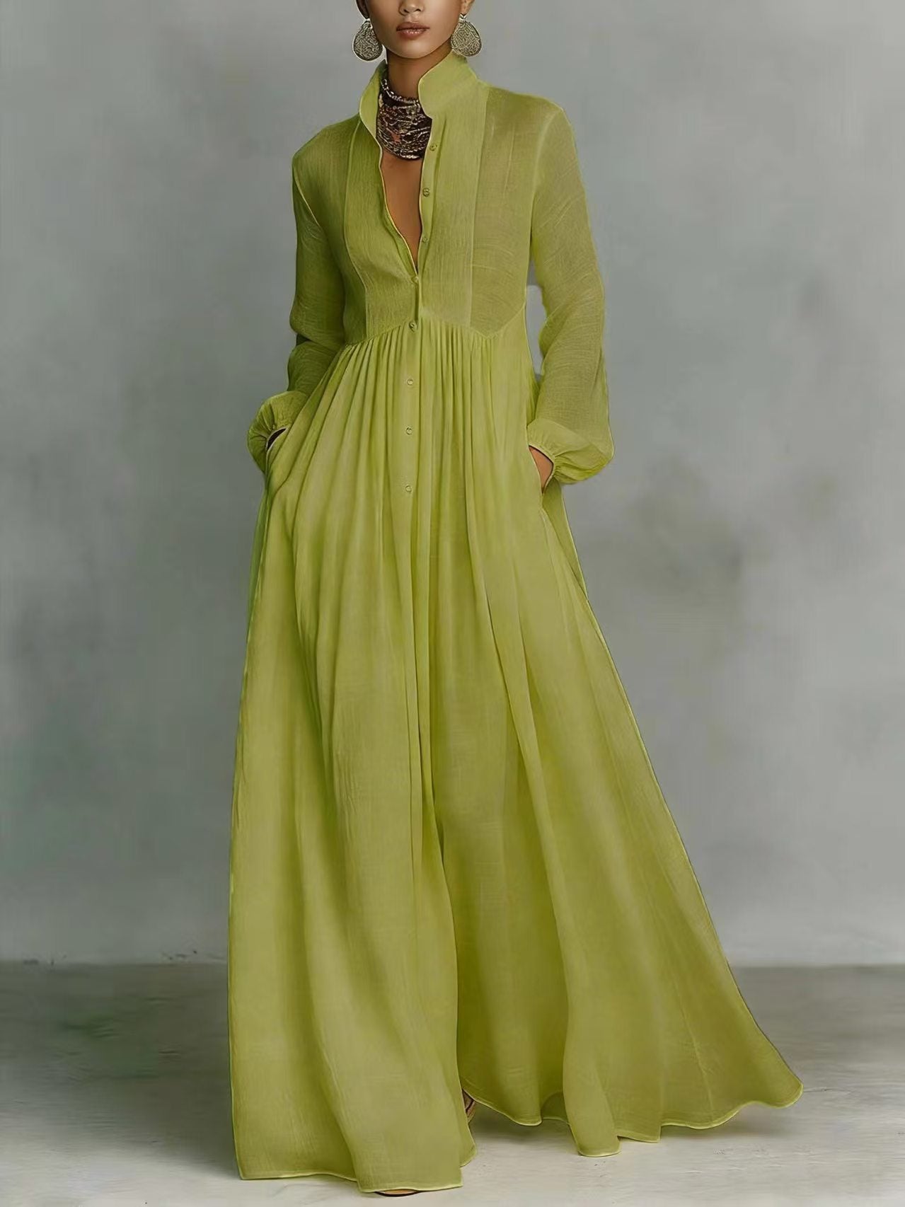 French-style Long-sleeve Pleated Dress For Women