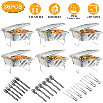 36Pcs Per Set Disposable Chafing Dish Buffet Set Food Warmers For Party Buffet Server Catering Supplies With Covers Utensils Half Size Food Pans For Parties Events BBQ Catering